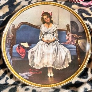 Norman Rockwell White-Dress Girl with Blue Settee and Pink Bows Decorative Plate